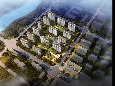 Aerial View of Residential Community Featuring Multiple High-Rise Buildings Surrounded by Greenery Near River and Roads 3d model