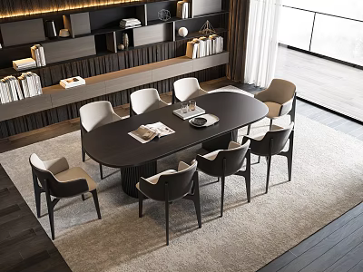 Modern Dark Oval Dining Table Set With Eight Modern Chairs And Bookshelves In Bright Room 3d model