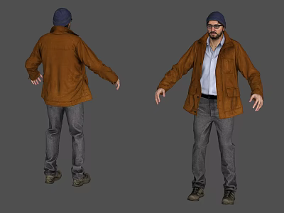 A Man Wearing Brown Jacket Blue Beanie White Shirt Gray Pants And Shoes 3d model