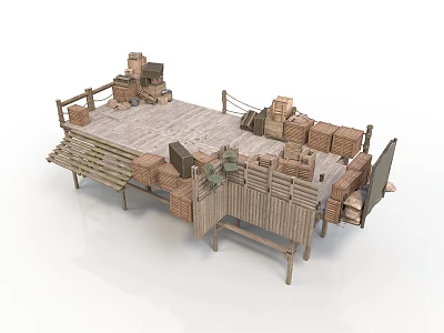 Modern Wooden Platform Setup With Stacked Crates And Wooden Railings 3d model