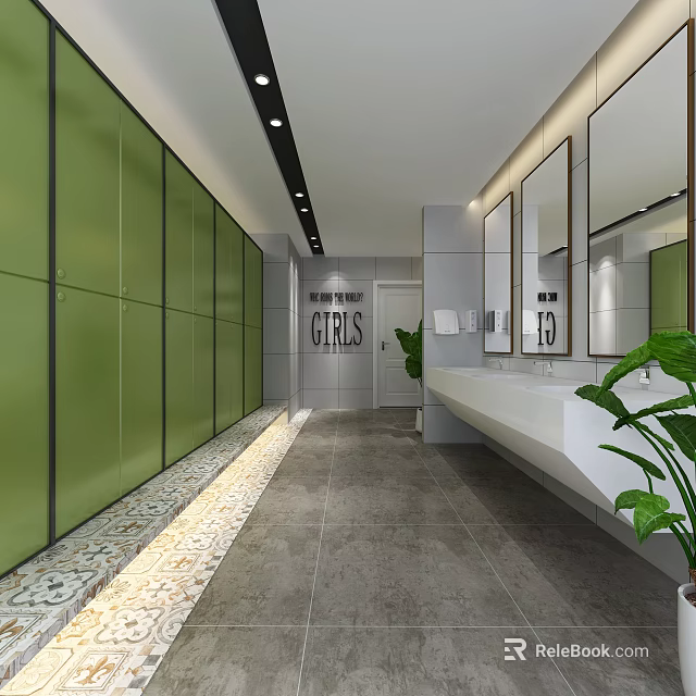 Modern Public Toilet With Green Partitions Girls Sign White Washbasin Mirrors And Plants 3d model 