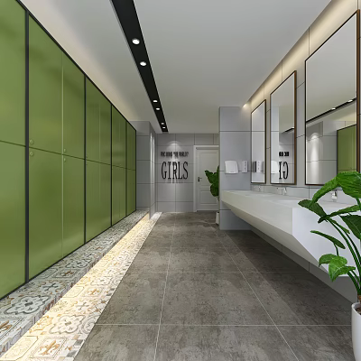 Modern Public Toilet With Green Partitions Girls Sign White Washbasin Mirrors And Plants 3d model