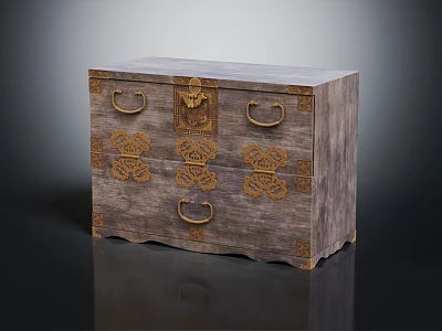 Vintage Wooden Storage Chest With Intricate Golden Decorations And Metal Handles 3d model