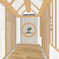 Elevator Hallway with Wooden Lattice Ceiling White Walls and Warm Wood Flooring