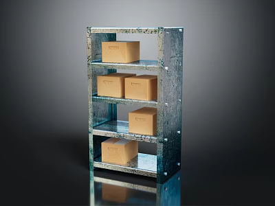 Sturdy Metal Display Shelf With Multiple Shelves Holding Cardboard Boxes For Storage 3d model