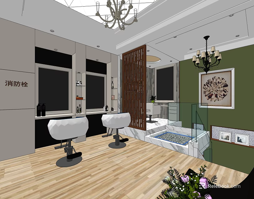 Elegant Beauty Hair Salon Interior With Salon Chairs Mirrors Chandelier And Green Wall 3d model 