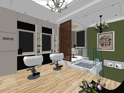 Elegant Beauty Hair Salon Interior With Salon Chairs Mirrors Chandelier And Green Wall 3d model