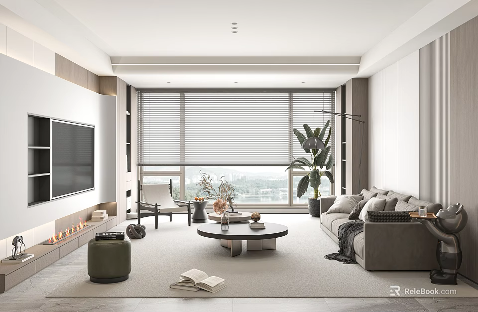 Modern Living Room Interior with Large Windows Blinds TV Wall Sofa Coffee Table and Plants 3d model 