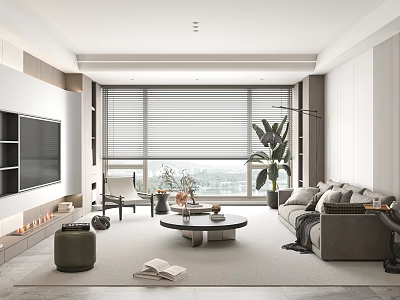 Modern Living Room Interior with Large Windows Blinds TV Wall Sofa Coffee Table and Plants 3d model