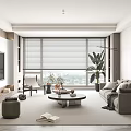Modern Living Room Interior with Large Windows Blinds TV Wall Sofa Coffee Table and Plants
