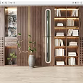 Modern Wooden Bookcase Design With Layered Shelves Green Plant And Decorative Art
