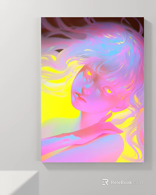 Abstract Painting Of A Girl With Flowing Colorful Hair And Dreamy Yellow Pink Background 3d model 