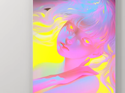 Abstract Painting Of A Girl With Flowing Colorful Hair And Dreamy Yellow Pink Background 3d model