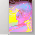 Abstract Painting Of A Girl With Flowing Colorful Hair And Dreamy Yellow Pink Background