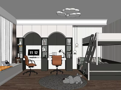 Kids Room Interior Design Featuring Bunk Bed Study Area Chairs Shelves And Wooden Floor 3d model