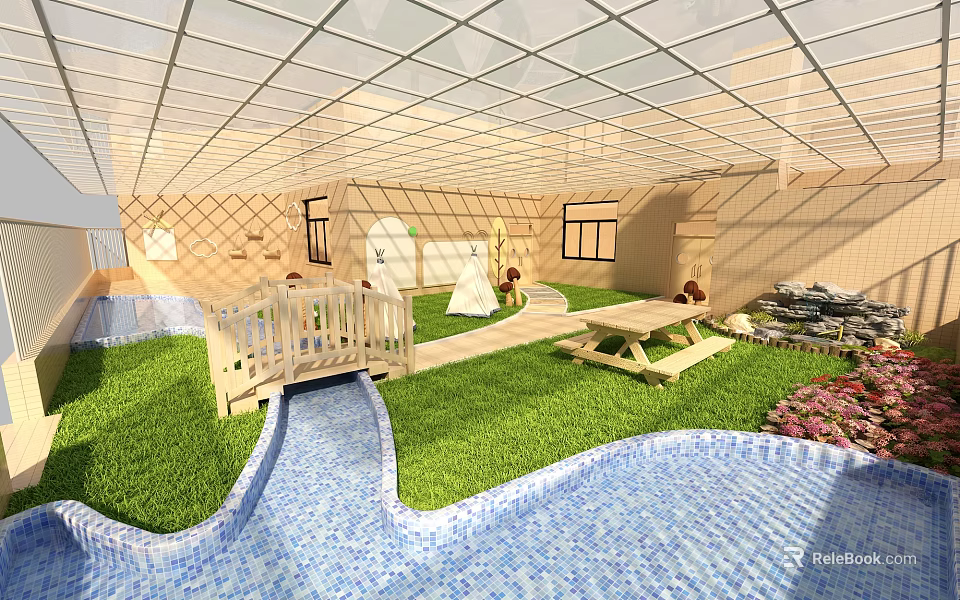 Kindergarten Indoor Playground With Grass Bridge Stream And Picnic Area 3d model 