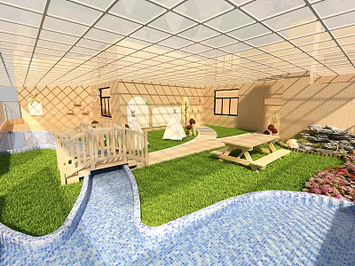 Kindergarten Indoor Playground With Grass Bridge Stream And Picnic Area 3d model