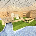 Kindergarten Indoor Playground With Grass Bridge Stream And Picnic Area