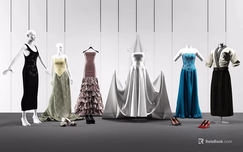 Mannequins Displaying Various Elegant Evening Gowns With High Heels On Fashion 3d model 
