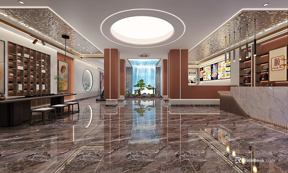 Luxurious Hotel Lobby Interior With Marble Floor Circular Skylight And Waterfall Feature 3d model