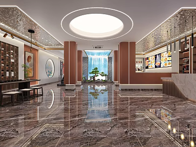 Luxurious Hotel Lobby Interior With Marble Floor Circular Skylight And Waterfall Feature 3d model