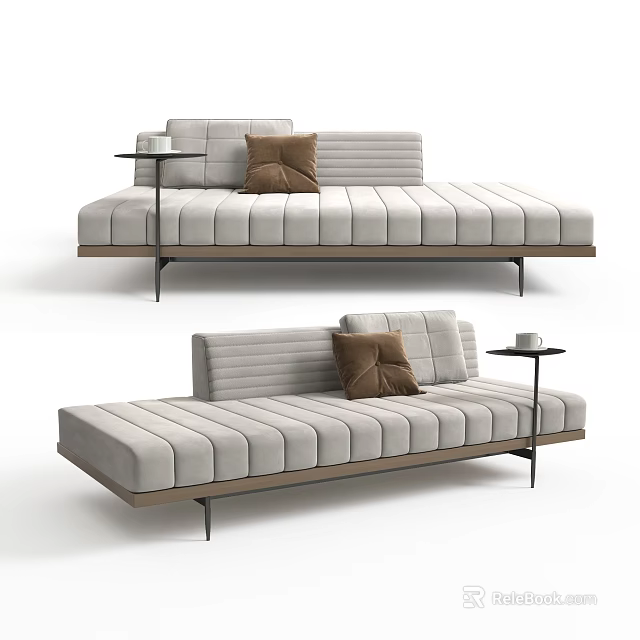 Modern Light Gray Chaise Lounge With Tufted Design And Brown Cushion 3d model 