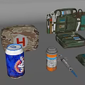 Open Camouflage First Aid Kit With Medical Supplies Syringe Bottle And Bandages