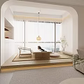 Modern Minimalist Tea Room Interior With Floor to Ceiling Windows Rattan Chair and Soft Lighting