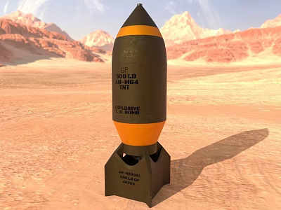 1000 LB TNT Bomb on Stand in Desert Landscape with Mountains 3d model