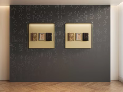 Hospital Culture Wall With Black Surface Handwritten Characters Golden Framed Display Cases And Displayed Books 3d model