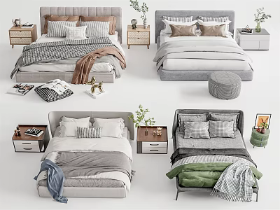 Various Styles Double Bed Bedroom Interior With Bedding Pillows Nightstands And Plants 3d model