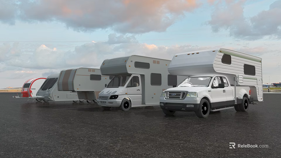 Parked RVs and Pickup Truck in Outdoor Area with Cloudy Sky 3d model 