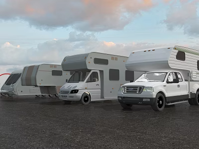 Parked RVs and Pickup Truck in Outdoor Area with Cloudy Sky 3d model
