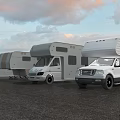 Parked RVs and Pickup Truck in Outdoor Area with Cloudy Sky