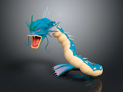 Game Movie Character Blue Serpent With Green Horns Open Mouth Yellow Underbelly And Finned Limbs 3d model