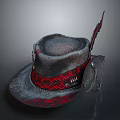 Stylish Gray Hat With Red Patterned Band Feather And Chain Decor 3d model