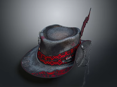 Stylish Gray Hat With Red Patterned Band Feather And Chain Decor 3d model