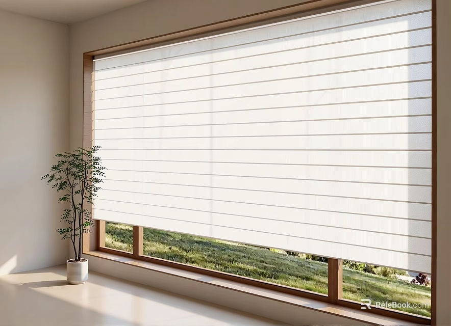 White Venetian Blinds for Window in Bright Interior with Green Grass View and Potted Plant 3d model 
