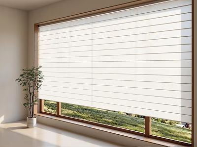 White Venetian Blinds for Window in Bright Interior with Green Grass View and Potted Plant 3d model