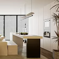 Modern Open Living Dining Room Interior With Large Windows Blinds Sofa And Pendant Lights