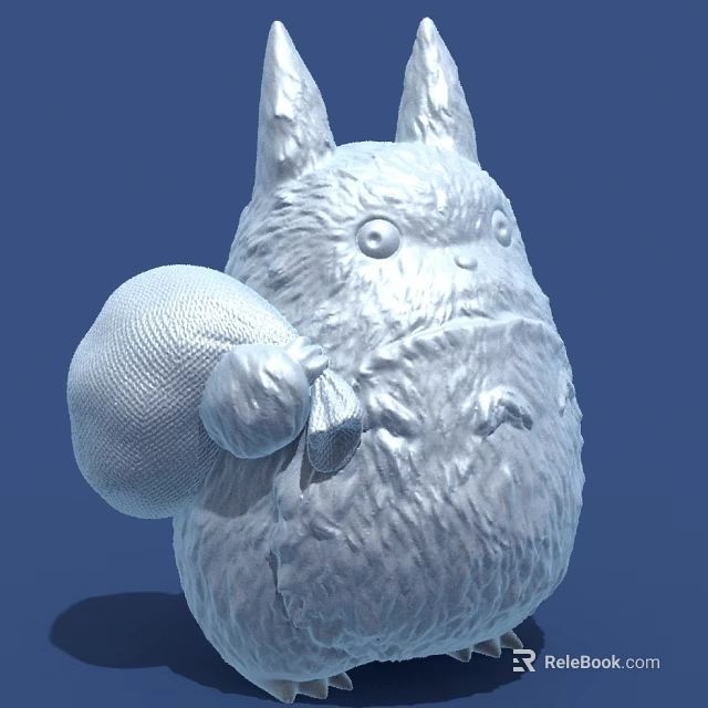 Adorable White Fluffy Totoro Decorative Ornament Set Holding a Small Bag 3d model 