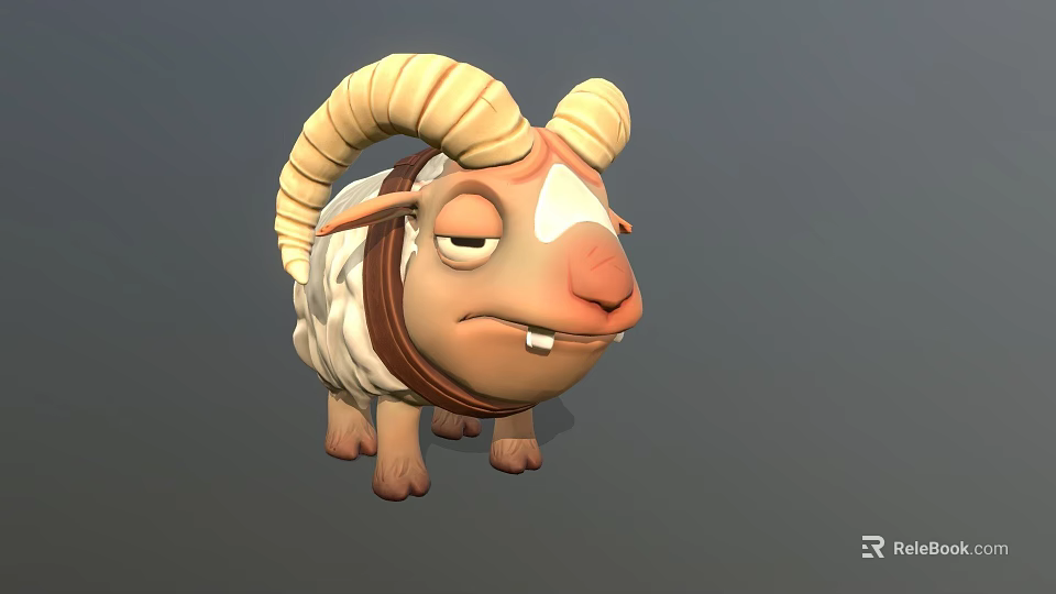 Cute 3D Model Sheep With Yellow Horns White Wool And Brown Collar 3d model 