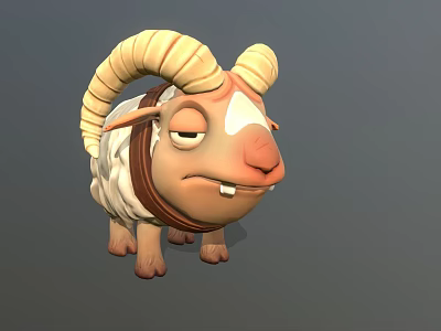 Cute 3D Model Sheep With Yellow Horns White Wool And Brown Collar 3d model