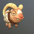 Cute 3D Model Sheep With Yellow Horns White Wool And Brown Collar