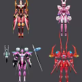 Different Colorful Mecha Characters With Pink Red Designs And Detailed Mechanical Weapons