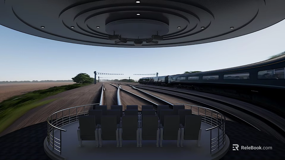 Open Air Cinema With Outdoor Seating Facing Railway Tracks And Moving Train 3d model 