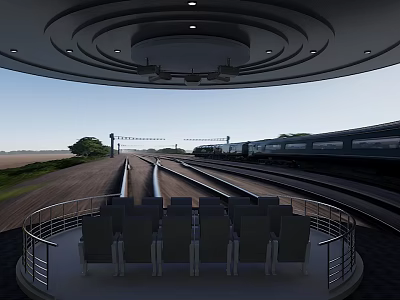 Open Air Cinema With Outdoor Seating Facing Railway Tracks And Moving Train 3d model