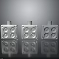 Three Silver Square Metal Components Featuring Four Circular Holes Each Standing On Reflective Surface 3d model
