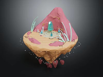 Cartoon Floating Island Scene With Pink Mountain Light Blue Tower Green Plants And Red Rocks 3d model