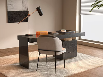 Modern Black Desk Interior With Gray Chair Table Lamp Books Cup And Light Rug 3d model
